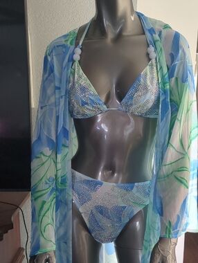 Banjul Blue & Green Rhinestone Triangle Bikini Set with Sheer Cover-Up
